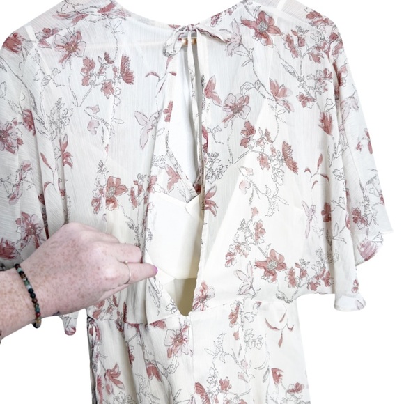 Lulus Women's Floral V-Neck Back Cut Out Neutral Flowy Sheer Ruffle Mini Dress - Picture 12 of 16